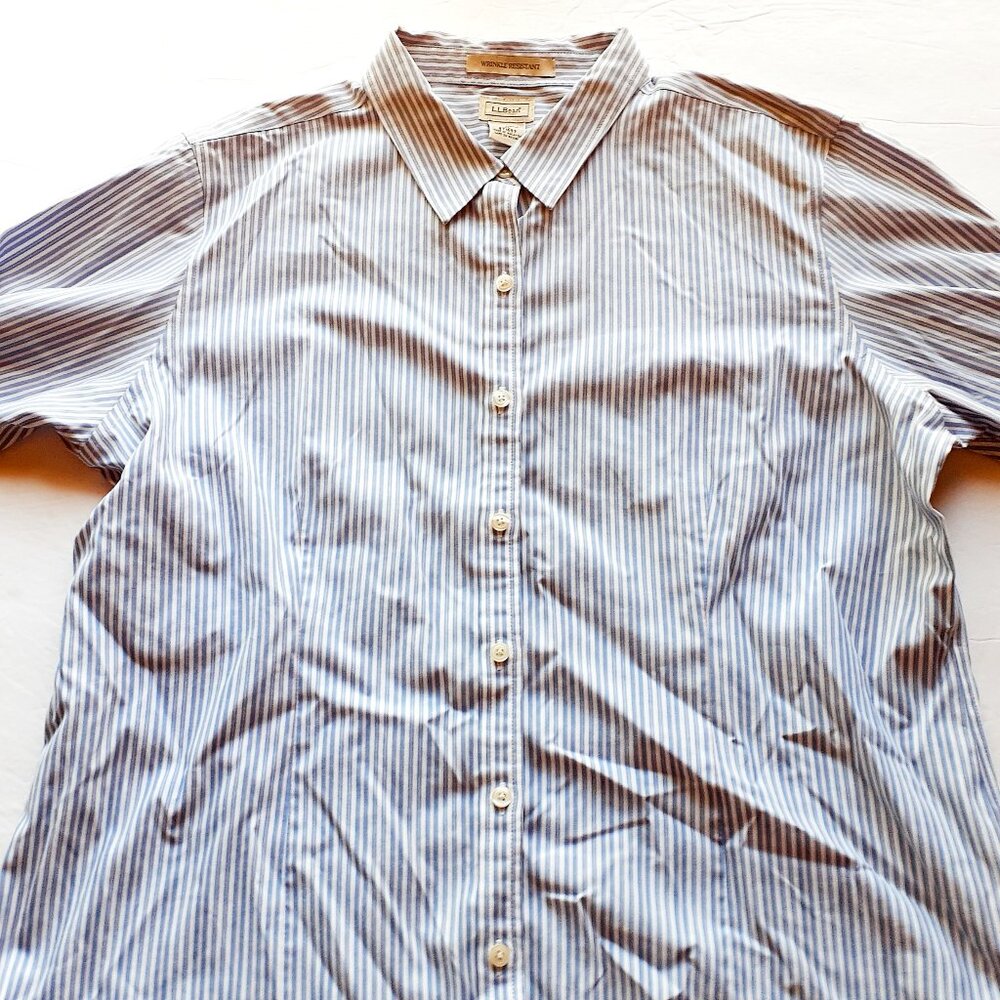 L.L. Bean Womens Shirt Button Down Blue Stripes 3/4 Sleeve Wrinkle Resistant XL